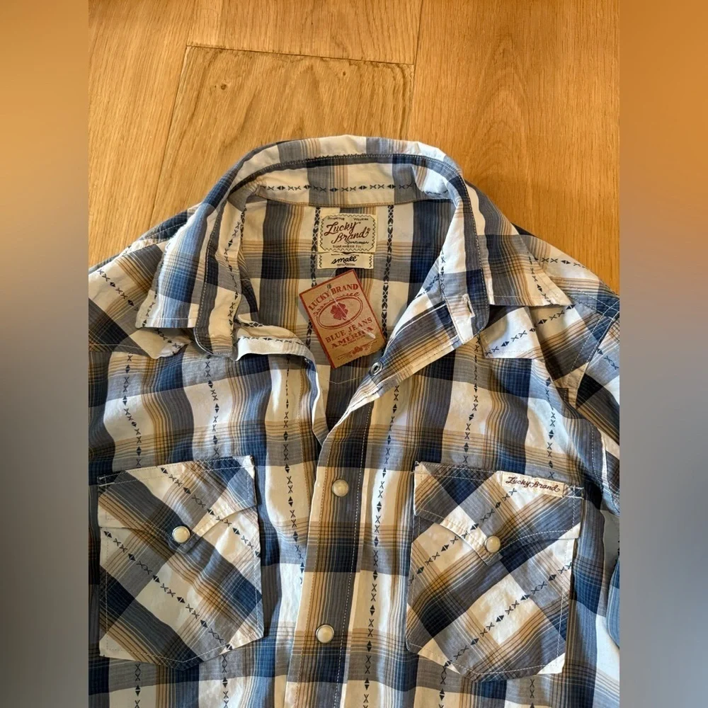 Lucky Brand Western Plaid Button-Down Shirt Small Blue Tan NWT